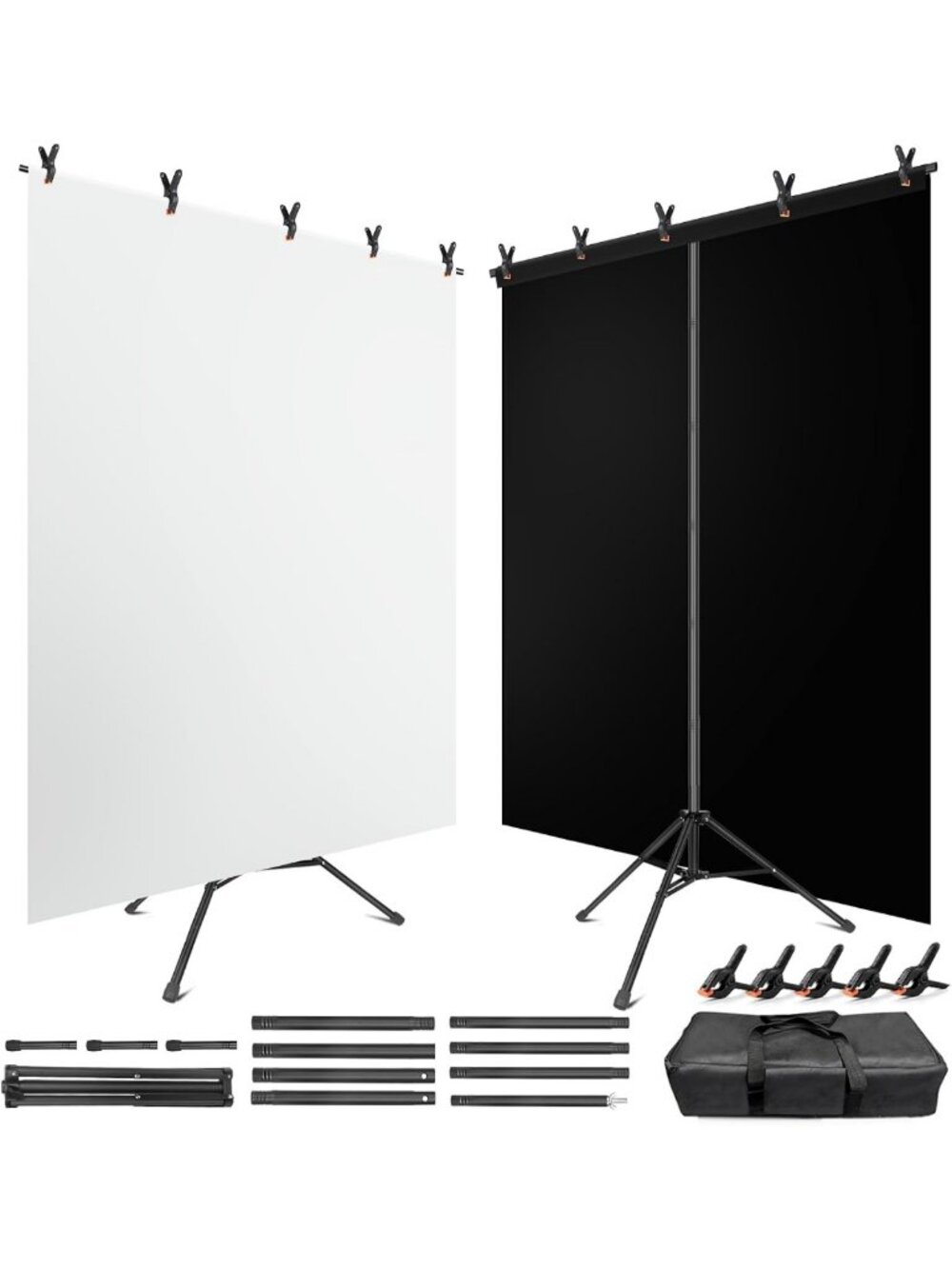 Black & White Backdrop Screen Kit for Photo Video Studio - 5x6.5ft T-Stand